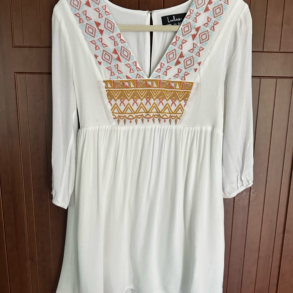 Lulu's White Dress with Colorful Embroidery and Sleeves